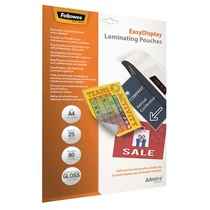 Meleglamináló fólia, 80 mikron, A4, fényes, öntapadó, FELLOWES "Admire Easy Display" - 25db