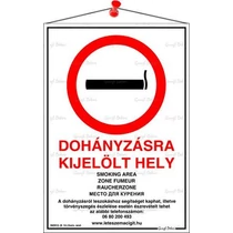 Információs tábla, 21x31 cm, többnyelvű, "Dohányzásra kijelölt hely"