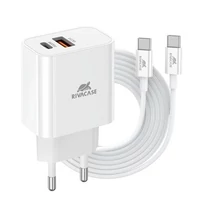 Hálózati töltő, 20W, USB-A és USB-C, USB-C, USB-C/USB-C töltőkábel, RIVACASE "PS4102", fehér Hálózati töltő, 20W, USB-A és USB-C, USB-C, USB-C/USB-C töltőkábel, RIVACASE "PS4102", fehér