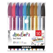 Zseléstoll készlet, 0,33 mm, kupakos, ZEBRA Doodler`z Glitter, 10 csillogó vegyes szín
