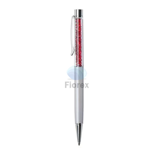 Golyóstoll, krémfehér, felül siam piros SWAROVSKI® kristályokkal töltve, 14 cm, ART CRYSTELLA®
