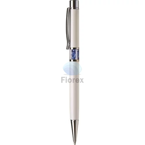 Golyóstoll, fehér, középen zafírkék SWAROVSKI® kristállyal töltve, 14cm, ART CRYSTELLA®