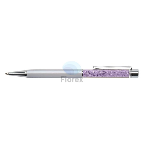 Golyóstoll, krémfehér, felül orgona lila SWAROVSKI® kristállyal töltve, 14 cm, ART CRYSTELLA®