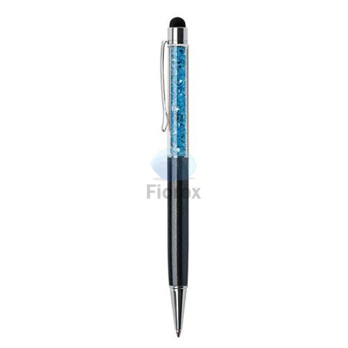 Golyóstoll, fekete, felül aquakék SWAROVSKI® kristállyal töltve, érintővel, 14 cm, ART CRYSTELLA®