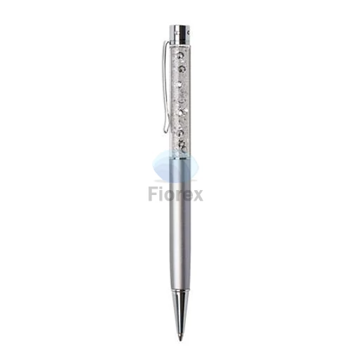 Golyóstoll, ezüst, felül fehér SWAROVSKI® kristállyal töltve, 14 cm, ART CRYSTELLA®