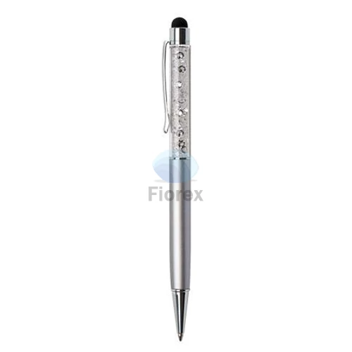 Golyóstoll, ezüst, felül fehér SWAROVSKI® kristállyal töltve, érintővel, 14 cm, ART CRYSTELLA®