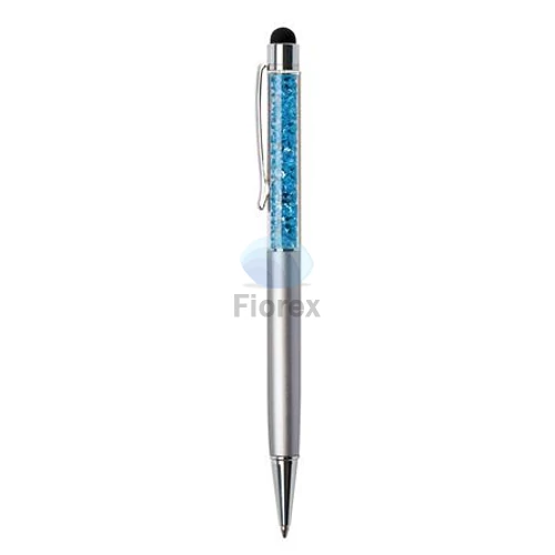 Golyóstoll, ezüst, felül aquakék SWAROVSKI® kristállyal töltve, érintővel, 14 cm, ART CRYSTELLA®