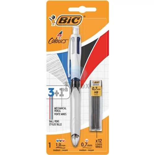 Golyóstoll, háromszínű, nyomósirónnal egyben, BIC "4 Colours" + grafitbél