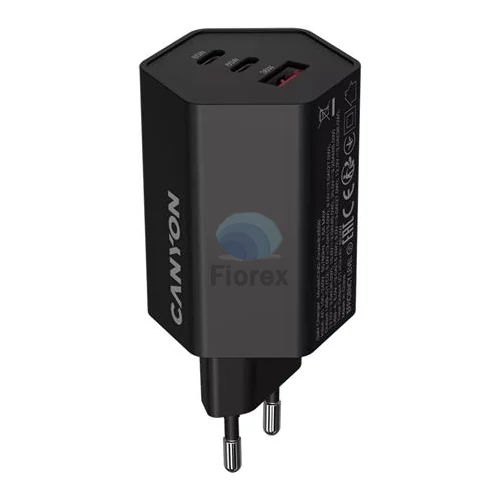 Hálózati töltő, 1xUSB-A, 2xUSB-C, 65W, CANYON "Hexagon 65", fekete