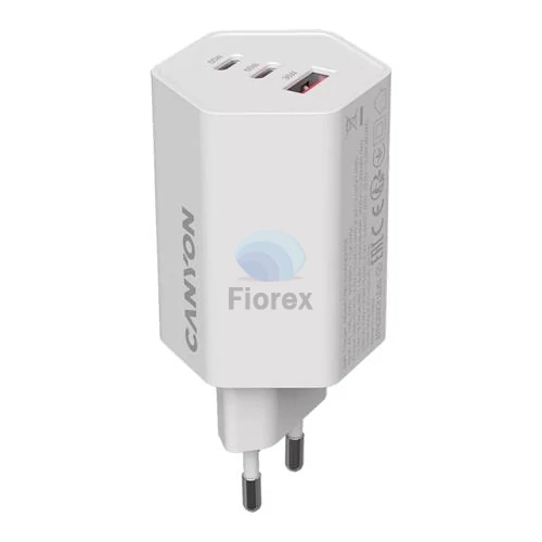 Hálózati töltő, 1xUSB-A, 2xUSB-C, 65W, CANYON "Hexagon 65", fehér