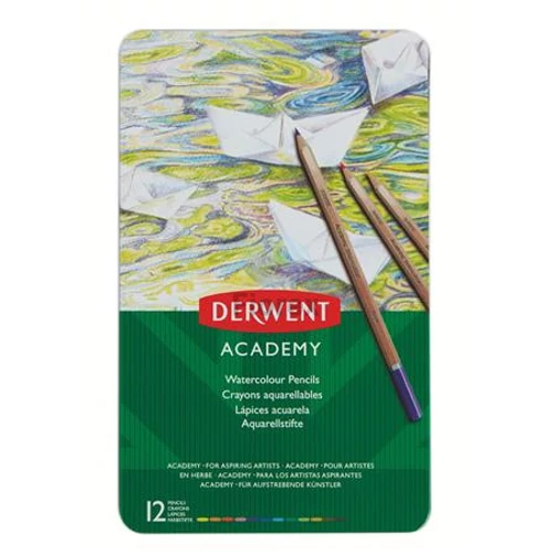 Akvarell ceruza készlet, fém doboz, DERWENT "Academy", 12 különböző szín