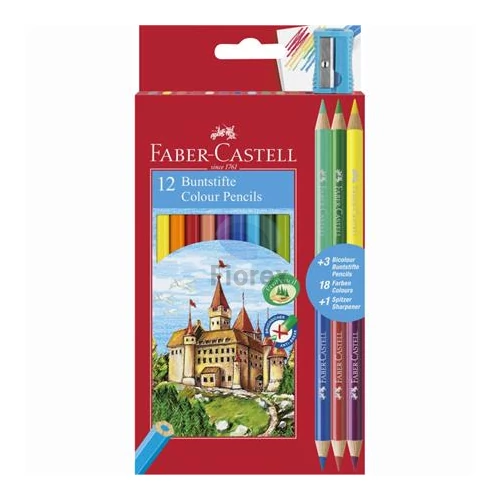 Színes ceruza készlet, hatszögletű, FABER-CASTELL, 12 különböző szín + 3 db bicolor ceruza