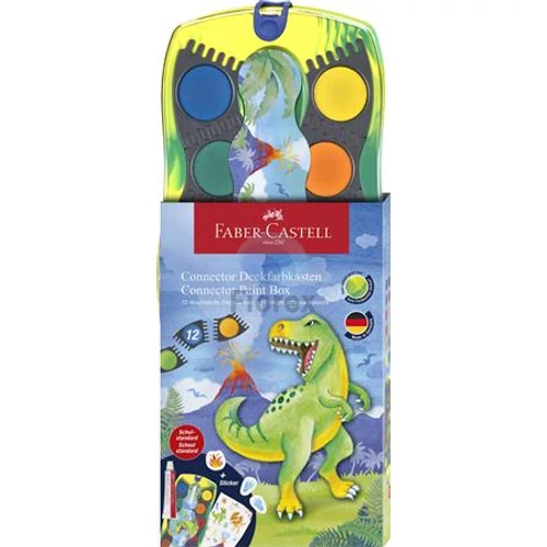 Vízfesték, 12 darabos, összeilleszthető, FABER-CASTELL "Dinoszaurusz"+1 tubus fehér tempera + dinoszaurusz matrica
