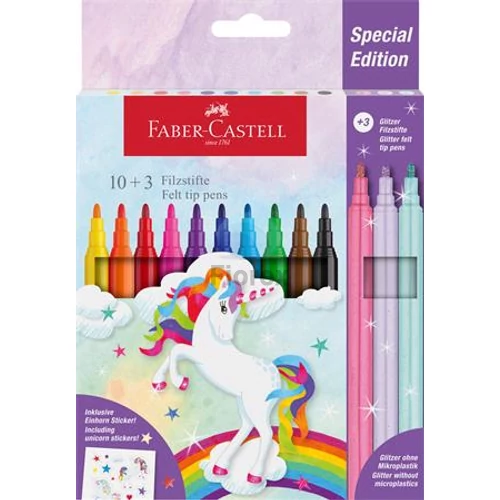 Filctoll készlet, FABER-CASTELL Unikornis 10 különböző szín + 3 csillámos Filctoll készlet, FABER-CASTELL Unikornis 10 különböző szín + 3 csillámos