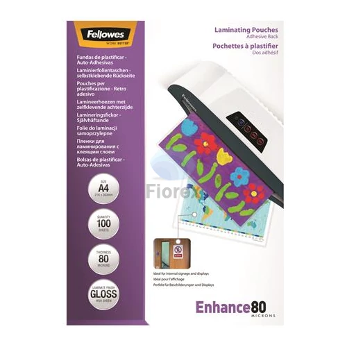 Meleglamináló fólia, 80 mikron, A4, fényes, öntapadó, FELLOWES - 100db