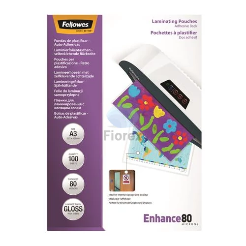 Meleglamináló fólia, 80 mikron, A3, fényes, öntapadó, FELLOWES - 100db