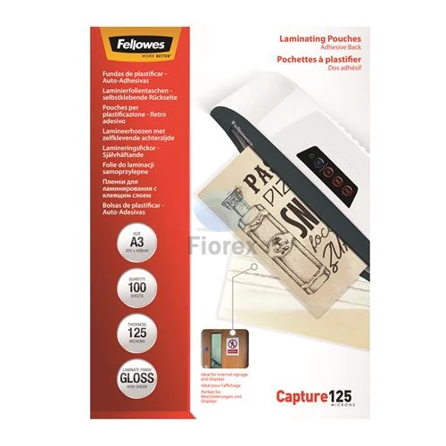Meleglamináló fólia, 125 mikron, A3, fényes, öntapadó, FELLOWES - 100db