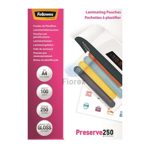 Meleglamináló fólia, 250 mikron, A4, fényes, FELLOWES - 100db