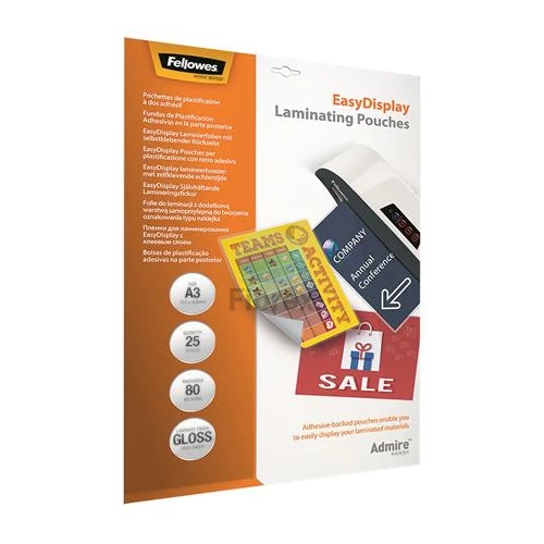 Meleglamináló fólia, 80 mikron, A3, fényes, öntapadó, FELLOWES "Admire Easy Display" - 25db