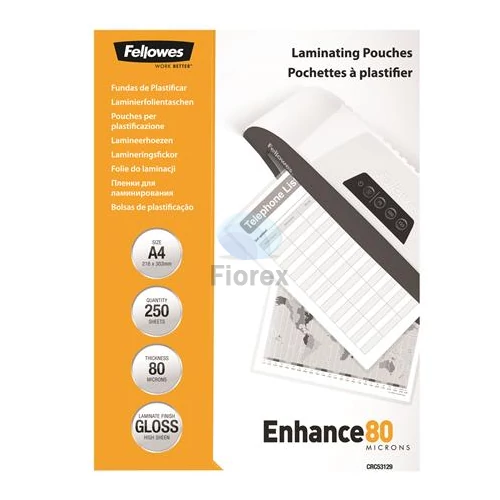 Meleglamináló fólia, 80 mikron, A4, fényes, FELLOWES - 250db