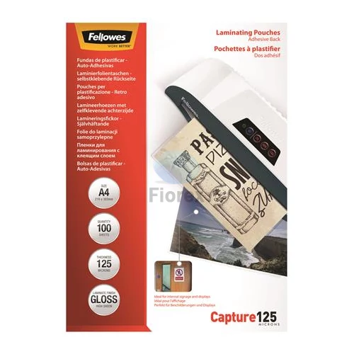 Meleglamináló fólia, 125 mikron, A4, fényes, öntapadó, FELLOWES - 100db
