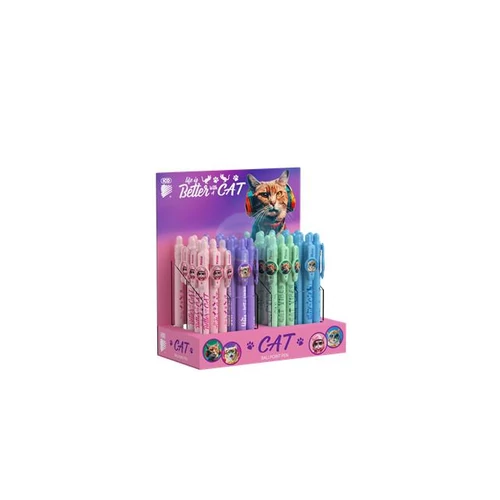 Golyóstoll display, 0,8 mm, nyomógombos, cicás tolltest, ICO "Cat", kék