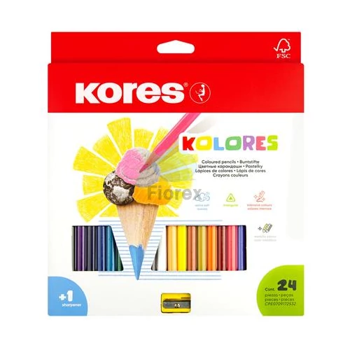 Színes ceruza készlet, háromszögletű, KORES "Triangular", 24 különböző szín