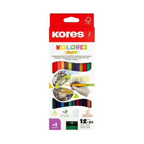 Színes ceruza készlet, kétvégű, háromszögletű, KORES "Duo", 24 különböző szín