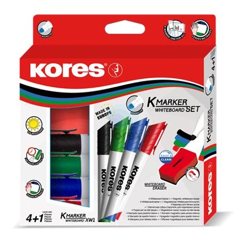 Tábla- és flipchart marker készlet mágneses táblatörlő szivaccsal, 3 mm, kúpos KORES "XW1", 4 különböző szín