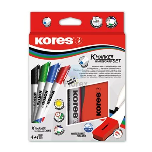 Tábla- és flipchart marker készlet mágneses táblatörlő szivaccsal, 3-5 mm, vágott, KORES "XW2", 4 különböző szín