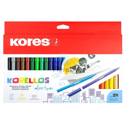 Filctoll készlet, kimosható, KORES "Korellos", 24 különböző szín