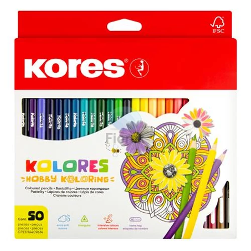 Színes ceruza készlet, háromszögletű, KORES "Triangular", 50 különböző szín