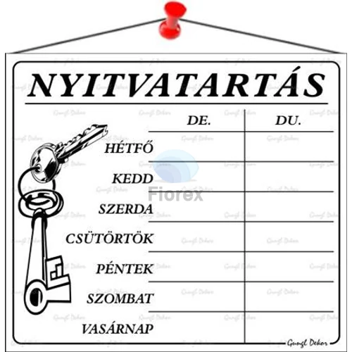 Információs tábla, 20x17,5 cm, "Nyitvatartás", fehér