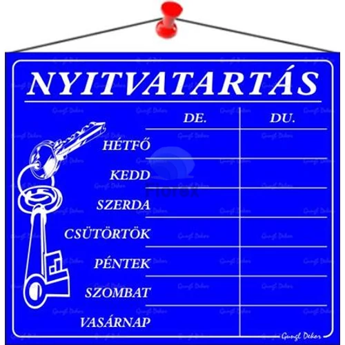 Információs tábla, 20x17,5 cm, "Nyitvatartás", kék