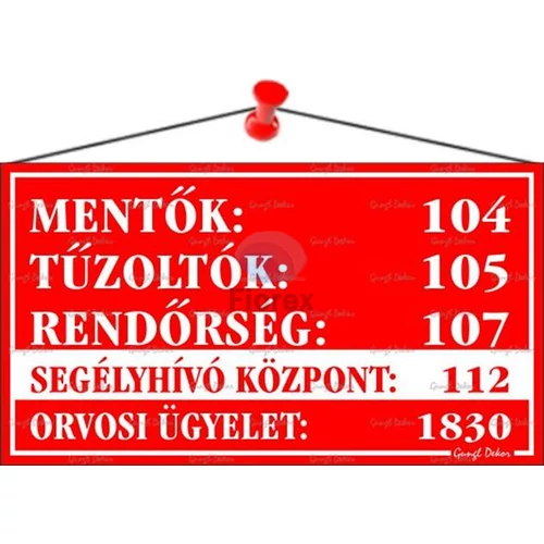 Információs tábla, 22,5x12,5 cm, "Mentők tűzoltók, rendőrség telefonszámok", piros