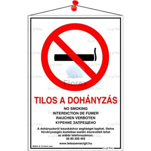 Információs tábla, 21x30 cm, többnyelvű, "Tilos a dohányzás!"