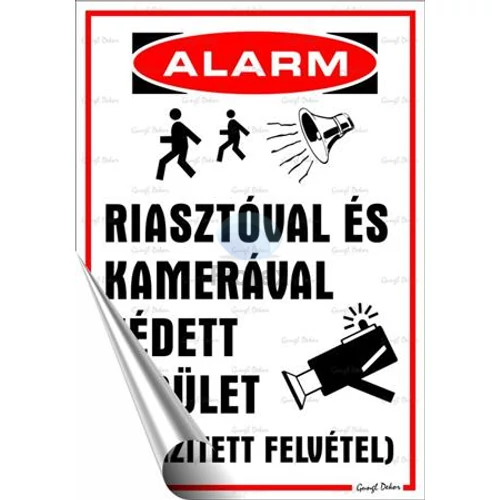 Információs matrica, 25x17,5 cm, "Riasztóval és kamerával védett terület"
