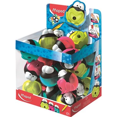 Hegyező display, egylyukú, tartályos, MAPED Croc Croc, béka, vegyes színek - 24db Hegyező display, egylyukú, tartályos, MAPED Croc Croc, béka, vegyes színek - 24db