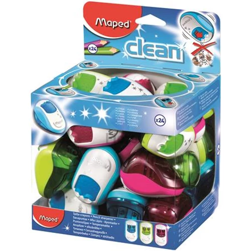 Hegyező display, kétlyukú, tartályos, MAPED Clean, vegyes színek - 24db Hegyező display, kétlyukú, tartályos, MAPED Clean, vegyes színek - 24db