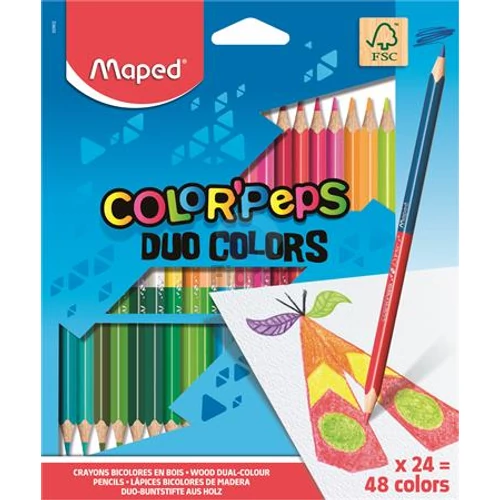 Színes ceruza készlet, háromszögletű, kétvégű, MAPED "Color`Peps Duo", 48 különböző szín