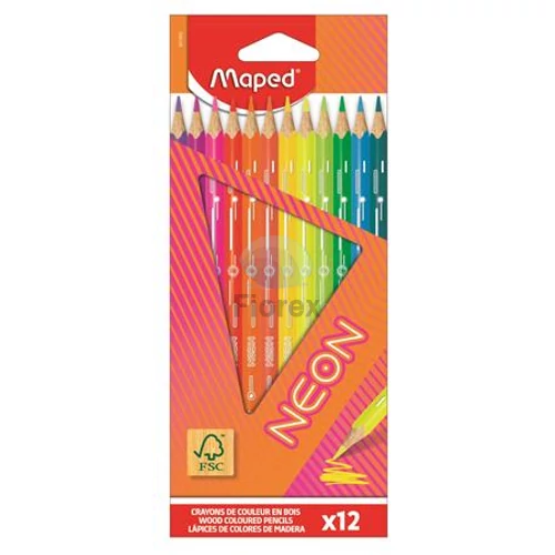Színes ceruza készlet, háromszögletű, MAPED "Neon", 12 különböző szín