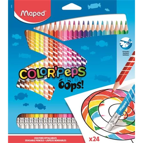 Színes ceruza készlet, háromszögletű, radírozható, MAPED "Color`Peps Oops", 24 különböző szín