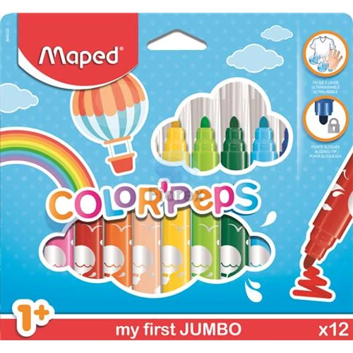 Filctoll készlet, 1-5 mm, kimosható, vastag, MAPED "Color`Peps Jumbo", 12 különböző szín