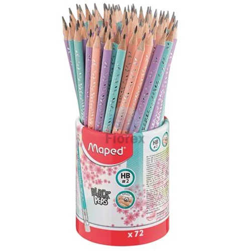 Grafitceruza radírral, ceruzatartó, HB, háromszögletű, MAPED "Black`Peps Pastel", vegyes pasztell színek - 72db
