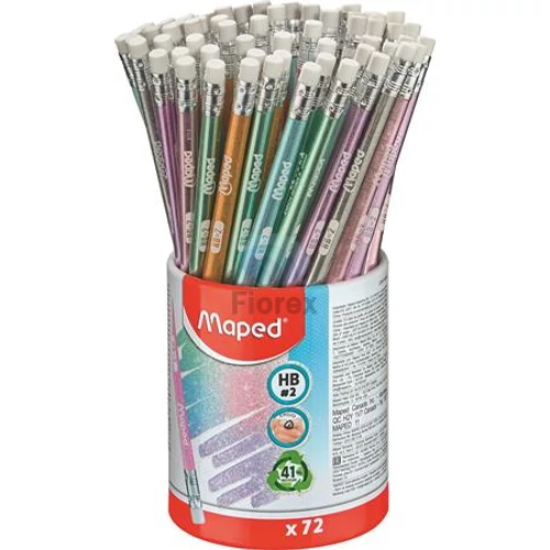 Grafitceruza radírral, ceruzatartó, HB, háromszögletű, MAPED "Black`Peps Glitter Deco", vegyes pasztell színek - 72db