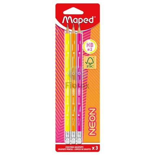Grafitceruza radírral, HB, háromszögletű, MAPED "Black`Peps Neon", vegyes színek - 3db