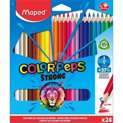 Színes ceruza készlet, háromszögletű, MAPED "Color`Peps Strong", 24 különböző szín