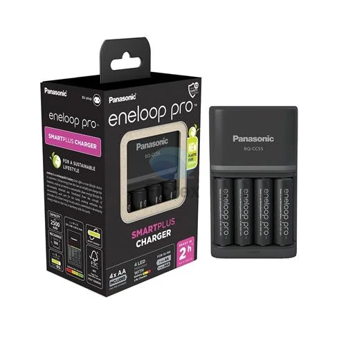 Elemtöltő, AA/AAA, 4x2500 mAh AA, gyorstöltő, PANASONIC "Eneloop Pro"