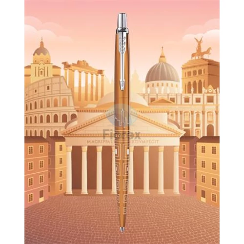 Golyóstoll, 0,7 mm, ezüst színű klip, mintás tolltest, PARKER, "Royal Jotter Róma", kék