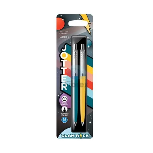 Golyóstoll szett, 0,7 mm, ezüst színű klip, kék és sárga tolltest, PARKER "Jotter Glam Rock", kék - 2db